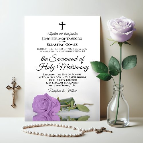 Elegant Lilac Purple Rose Modern Catholic Wedding Invitation