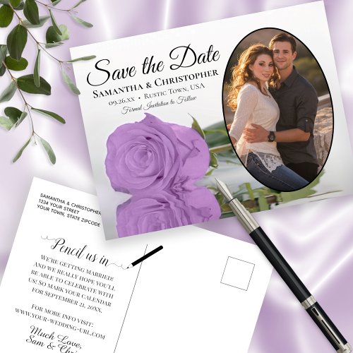 Elegant Lilac Purple Rose Oval Photo Save The Date Announcement Postcard