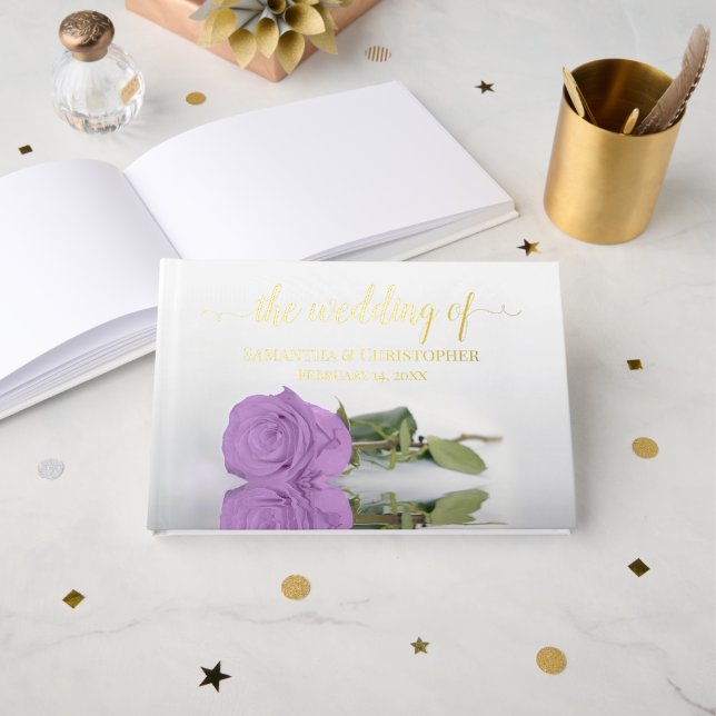 Elegant Lilac Purple Rose Small Wedding Foil Foil Guest Book (Front Open)