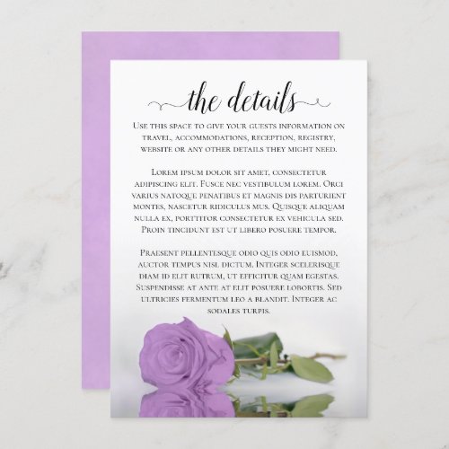Elegant Lilac Purple Rose Wedding Details Enclosure Card