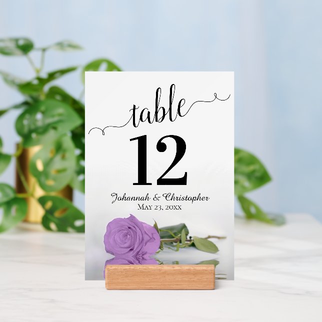 Elegant Lilac Purple Rose Wedding Table Number w/ Holder (Insitu 3)