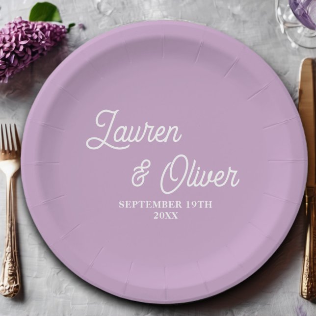 Elegant Lilac Purple Script Minimalist Wedding Paper Plates (Creator Uploaded)