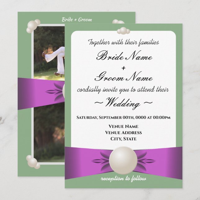 Elegant Lilac & Sage Pearl Ribbon Photo Wedding Invitation (Front/Back)
