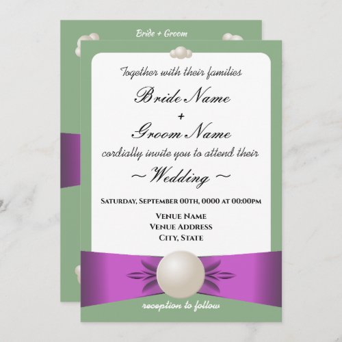 Elegant Lilac  Sage Pearl Ribbon Photo Wedding Invitation