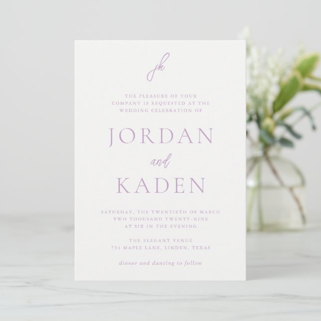 Elegant Lilac Script Monogram Wedding Invitation (Standing Front)