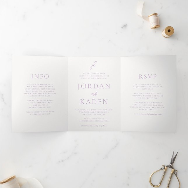 Elegant Lilac Script Monogram Wedding Tri-Fold Invitation (Inside)