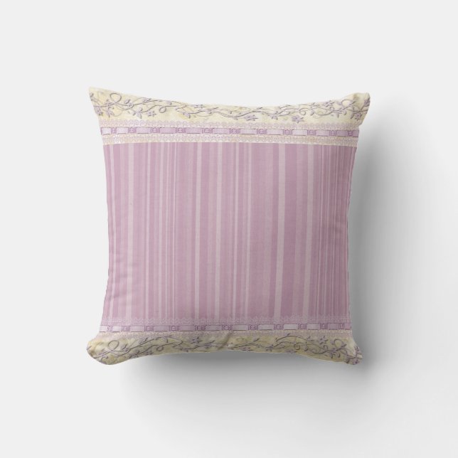 Elegant Lilac Stripes Pattern Faux Lace Border Throw Pillow (Front)