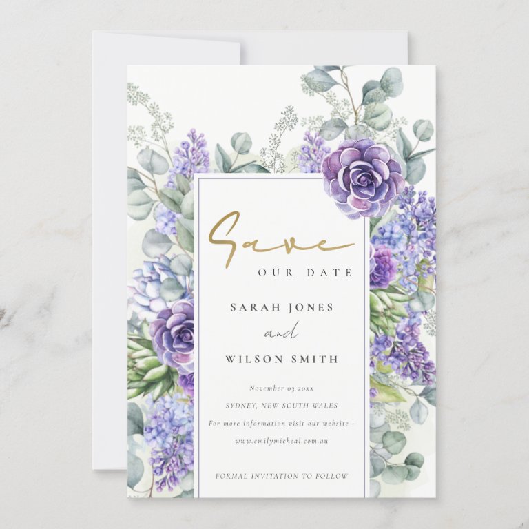 Elegant Lilac Succulent Eucalyptus Botanical Frame Save The Date