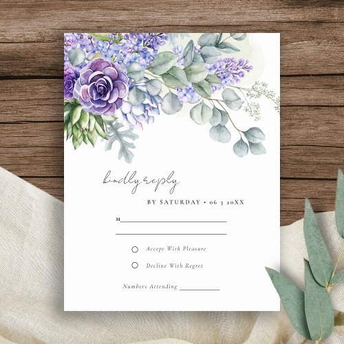 Elegant Lilac Succulent Eucalyptus Foliage Wedding RSVP Card