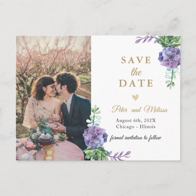 Elegant Lilac Succulents  Photo Save the Date Holiday Postcard (Front)