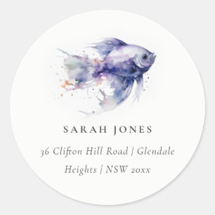 Elegant Lilac Watercolor Coastal Fish Address Classic Round Sticker