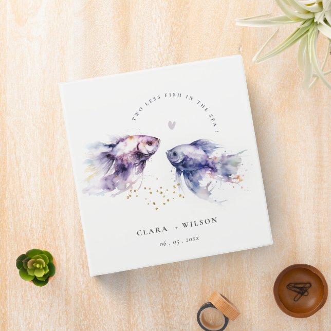 Elegant Lilac Watercolor Coastal Fish Wedding 3 Ring Binder (In Situ)