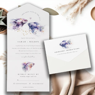 Elegant Lilac Watercolor Coastal Fish Wedding All In One Invitation