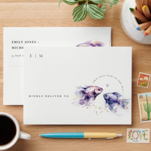 Elegant Lilac Watercolor Coastal Fish Wedding Envelope