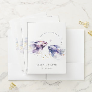 Elegant Lilac Watercolor Coastal Fish Wedding Pocket Folder