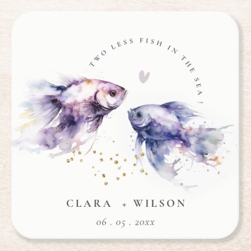Elegant Lilac Watercolor Coastal Fish Wedding Square Paper Coaster