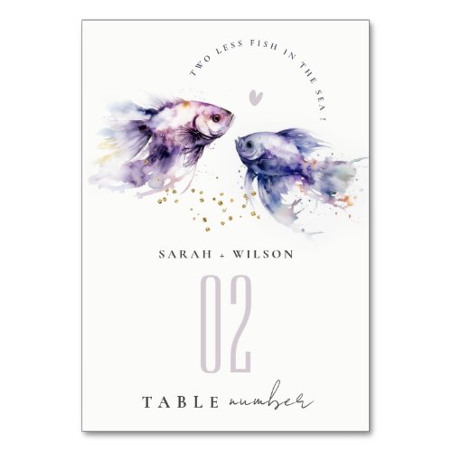 Elegant Lilac Watercolor Coastal Fish Wedding Table Number