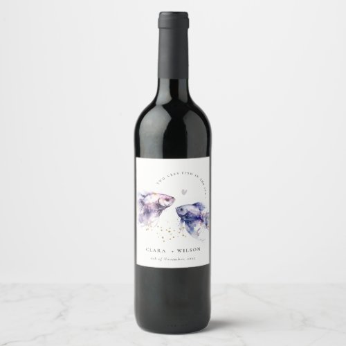 Elegant Lilac Watercolor Coastal Fish Wedding Wine Label