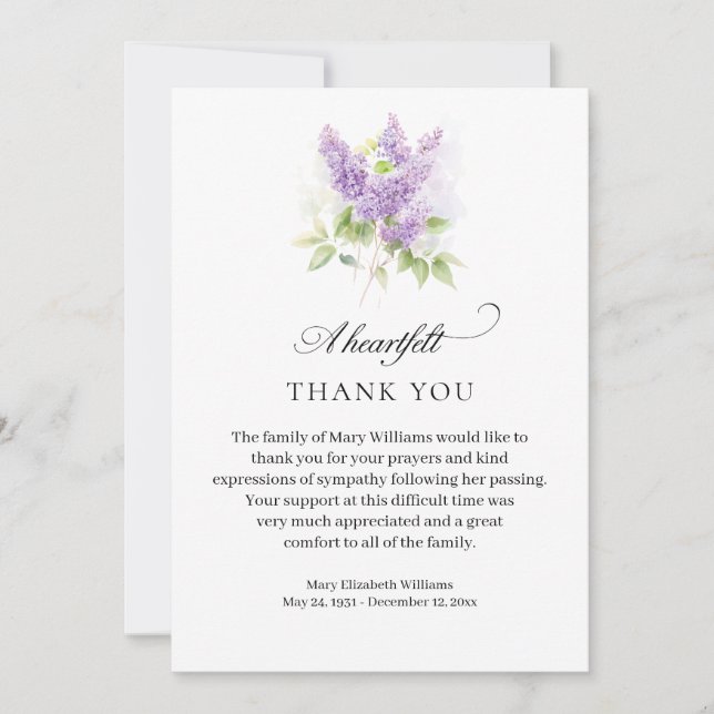Elegant Lilac Watercolor Floral Funeral Thank You (Front)