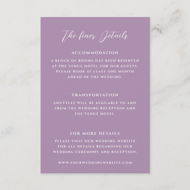 Elegant Lilac Wedding Details Enclosure Card (Front)