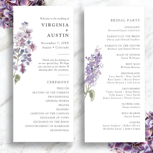 Elegant Lilac Wedding Program (Elegant Watercolor Lilac Wedding Program by Painted Paperie
)