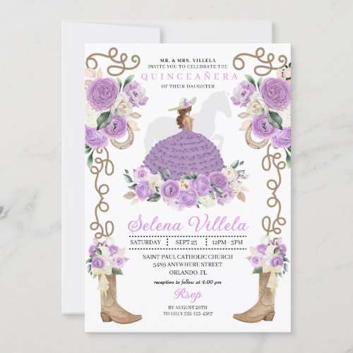 Elegant Lilac Western Charro Princess Quinceaera Invitation