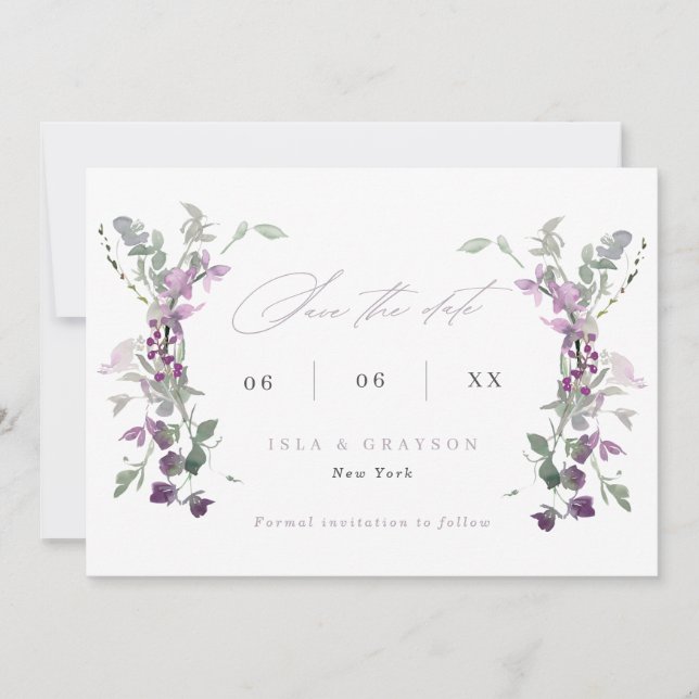 Elegant Lilac Wildflowers Wedding Save The Date (Front)