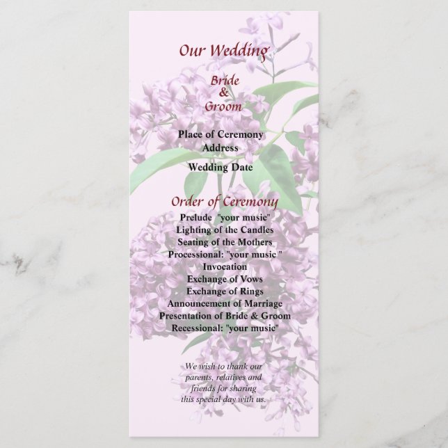 Elegant Lilacs Wedding Program (Front)