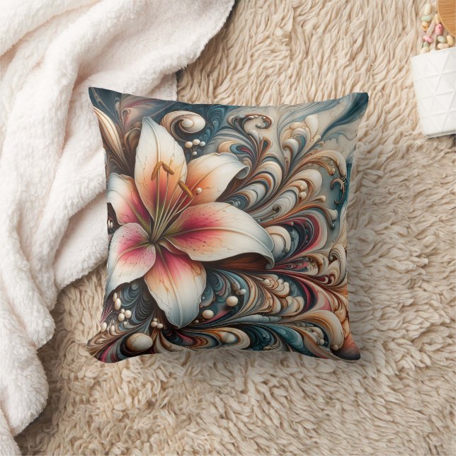Elegant Lily Among Intricate Swirls and Patterns Throw Pillow (Blanket)