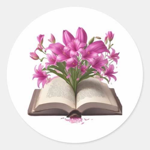 Elegant Lily Emerging from Vintage Book  Floral A Classic Round Sticker