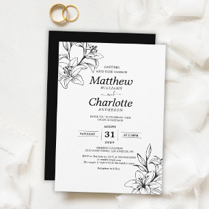 Elegant Lily Flower Black and White Wedding Invitation