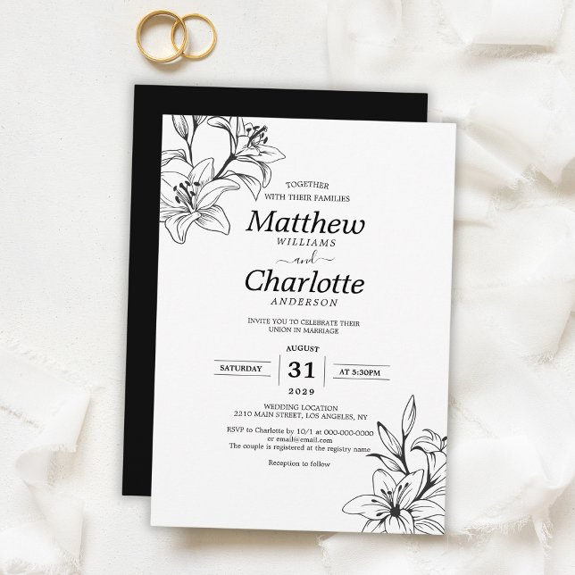 Elegant Lily Flower Black and White Wedding Invitation (Elegant Lily Flower Black and White Wedding Invitation
)
