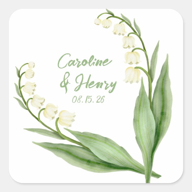 Elegant Lily of the Valley Personalized Wedding  Square Sticker (Front)