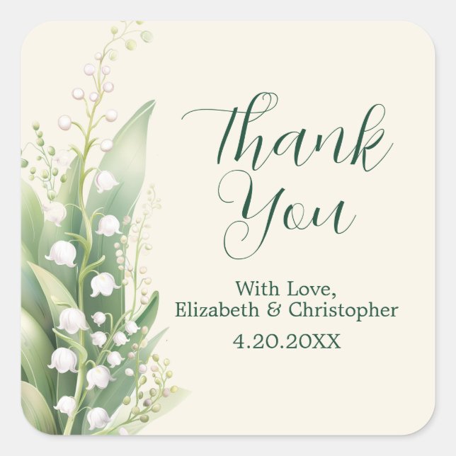 Elegant Lily of the Valley Wedding Thank You Square Sticker (Front)