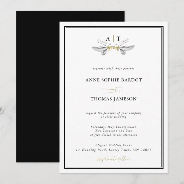 Elegant Lily of Valley Crest Black White Wedding Invitation (Front/Back)