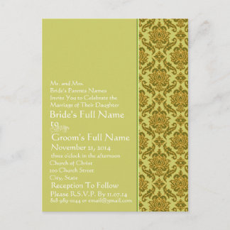 Elegant  Lime & Gold Damask  Wedding Invitation Postcard