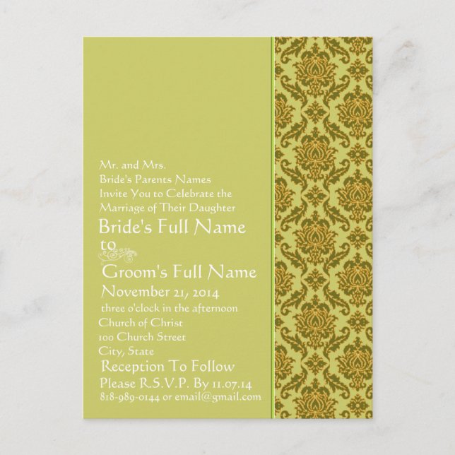 Elegant  Lime & Gold Damask  Wedding Invitation Postcard (Front)