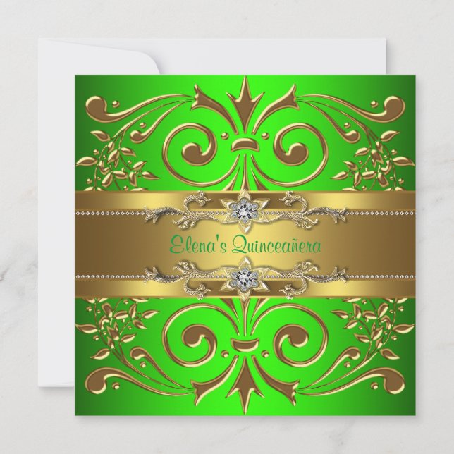 Elegant Lime Green and Gold Quinceanera Invitation (Front)