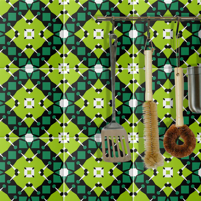Elegant Lime Green Black & White Geometric Pattern Ceramic Tile | Zazzle
