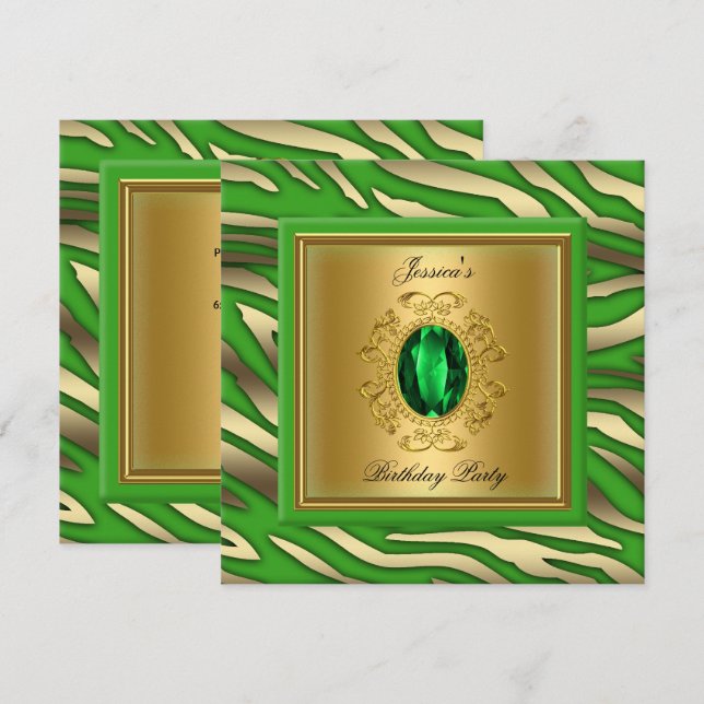 Elegant Lime Green Gold Zebra Birthday Party Invitation (Front/Back)