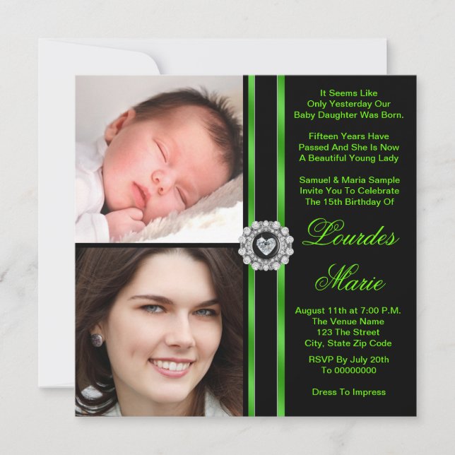 Elegant Lime Green Photo Quinceanera Invitations (Front)
