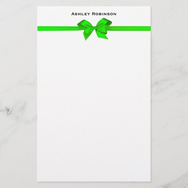 Elegant Lime Green Satin Bow on White Envelope Stationery (Front)