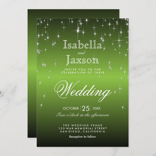 Elegant Lime Green Star Lights Wedding Invitation (Front/Back)
