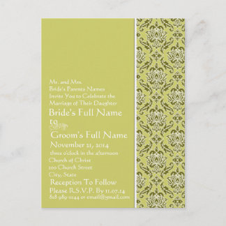 Elegant Lime & White Damask Wedding Invitation Postcard
