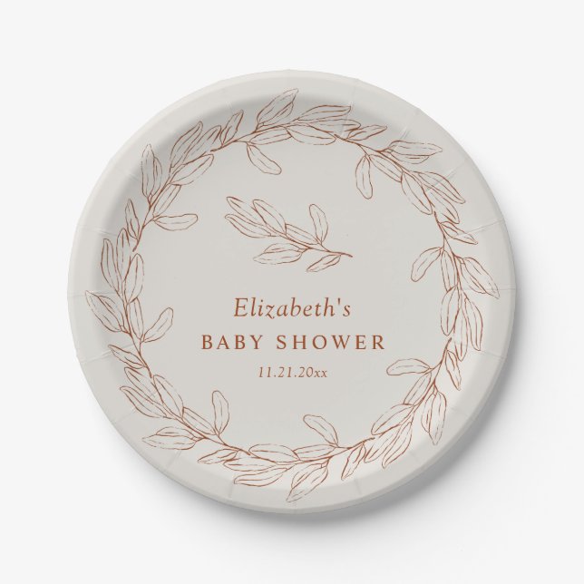 Elegant Line Art Botanical Baby Shower Paper Plates (Front)