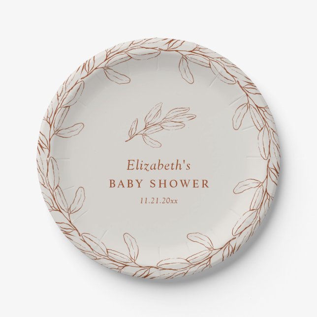 Elegant Line Art Botanical Baby Shower Paper Plates (Front)