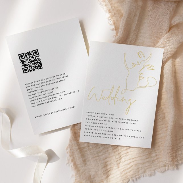 Elegant Line Art Faces QR Wedding Real Foil Invita Foil Invitation (Creator Uploaded)