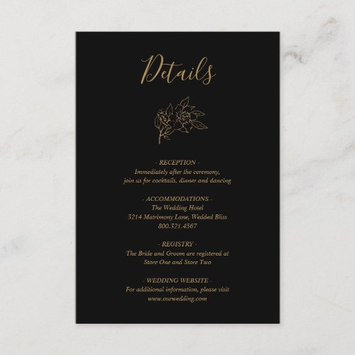 Elegant Line Art Floral Black and Gold Wedding Enclosure Card