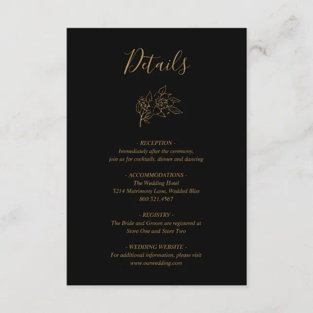 Elegant Line Art Floral Black And Gold Wedding Enclosure Card | Zazzle