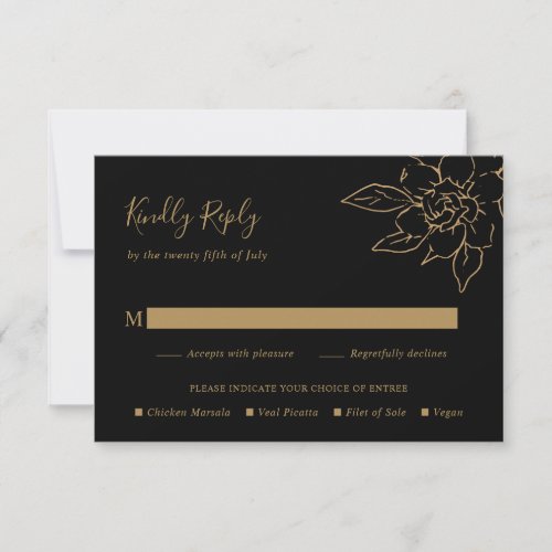 Elegant Line Art Floral Black and Gold Wedding RSVP Card